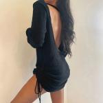 Autumn Halter Neck Sexy Black Long Sleeve Dress Backless Knitted