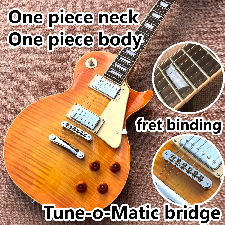 One piece of body & neck LP electric guitar Yellow tiger top adjusting the adjacent Matic bridge