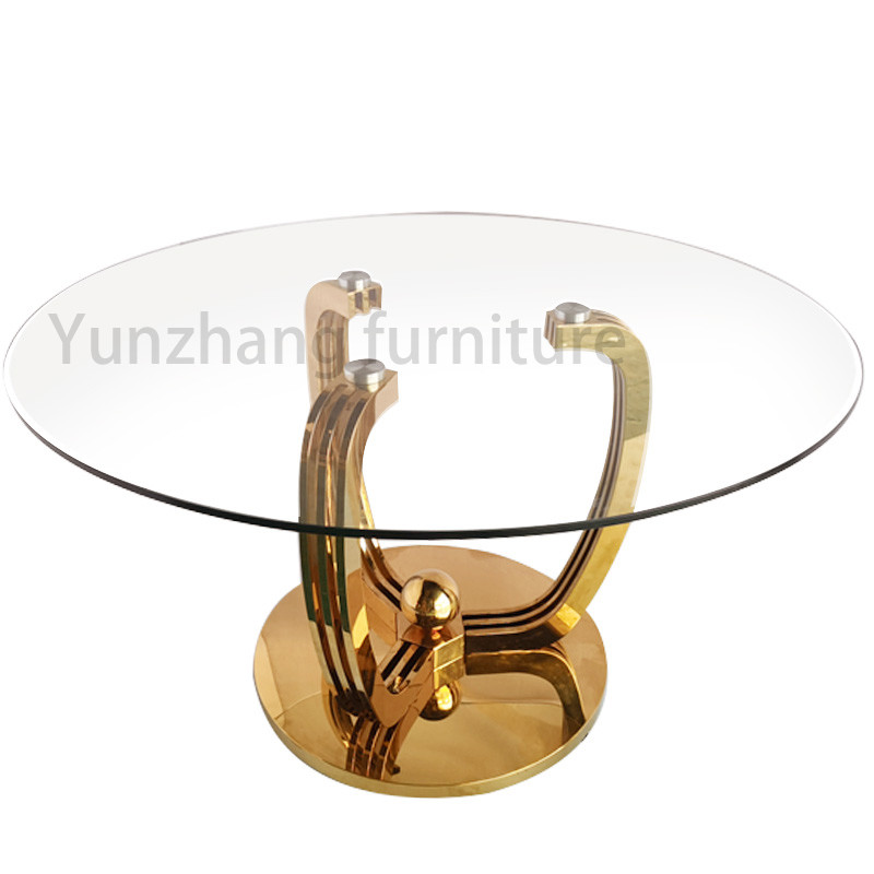 Luxury Model Round Dining Table Transparent 10mm Thick Tempered Glass Top With Gold Base