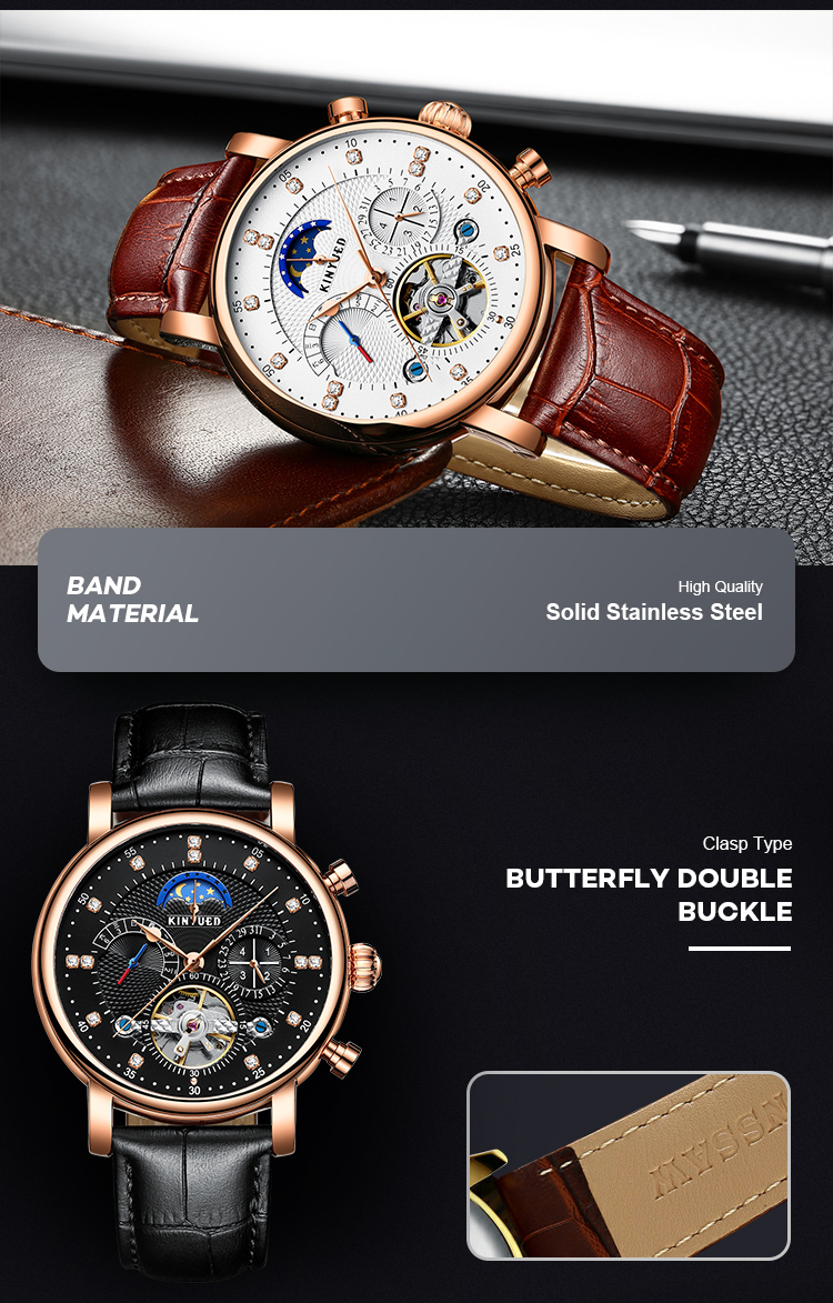 KINYUED hot sales Fashion Tourbillon Automatic Movement Mens Automatic Mechanical Watch Genuine Leather Wristwatch