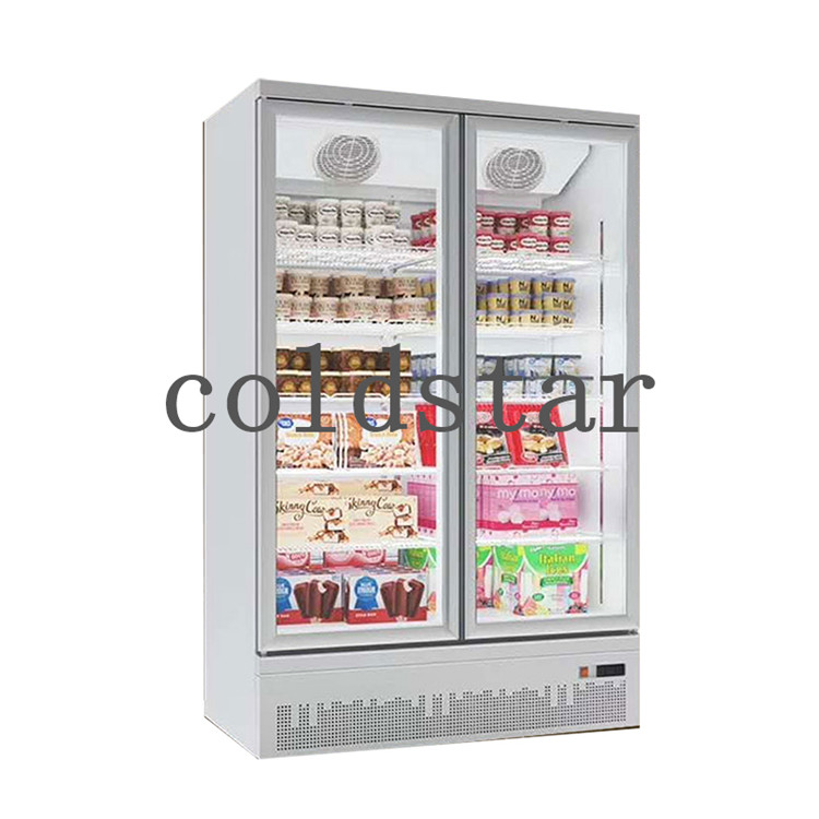 Supermarket Cold Drink Display Refrigerator 2 Glass Doors Upright Freezer