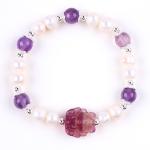 8mm Bead Amethyst Crystal White Fresh Water Pearl Bracelet