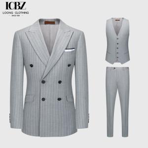 Quality Business Needs Business Suits Gray Striped Double-breasted Gun Lapel Slim Fit 3 Pieces wholesale