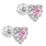 Rose Gold Plated Heart Pink CZ Screw Back Stud Earrings for Kids in 925 Sterling