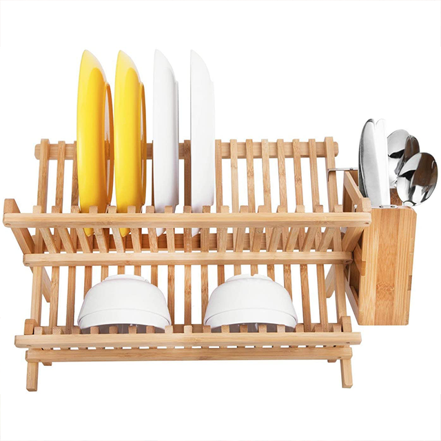 BAMBOO Rectangle Folding Plates Cups Stand Holder Collapsible Dish Drying Drainer Rack