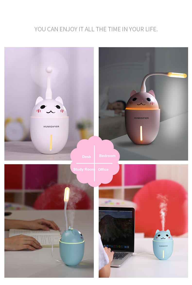 3 in 1 320ML USB Air Humidifier Ultrasonic Cool-Mist Adorable Pet Mini Humidifier With LED Light Mini USB Fan