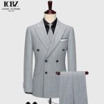Business Needs Business Suits Gray Striped Double-breasted Gun Lapel Slim Fit 3
