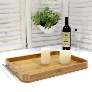 Quality Professional Rectangle Bamboo Serving Tray Food Tray With Stainless Steel Handle wholesale