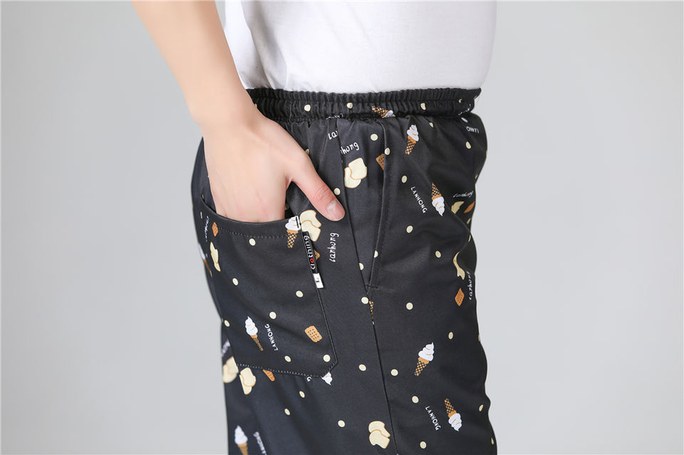 Restaurant Kitchen Print Chef Pants Elastic Waist With Zipper Fly