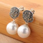 925 Silver Round 12mm White Simulated Shell Pearl Earrings Thai Style Jewellery
