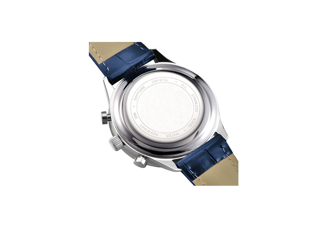 Stainless Steel Case Genuine Leather Wrist Watch Quartz Movt Blue Color