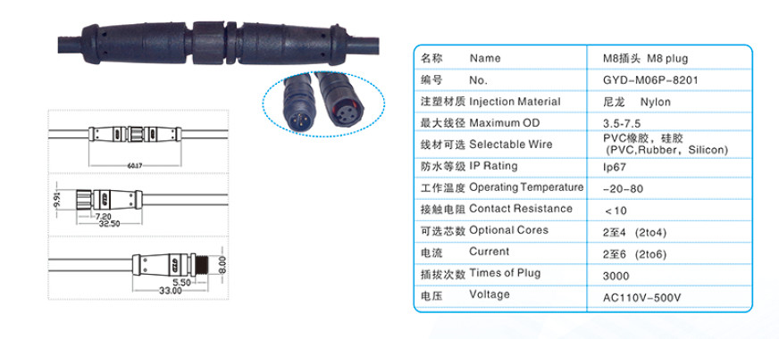 Customized M8 Nylon Threaded Butt Waterproof Aviation Plug Signal Connector with IP 67 Rating in Black