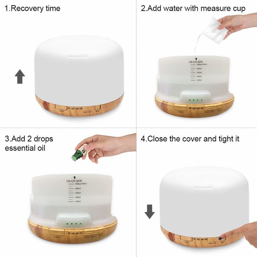 500ML White Plastic Aroma Diffuser With 7 Color LED Light And Remote Controller