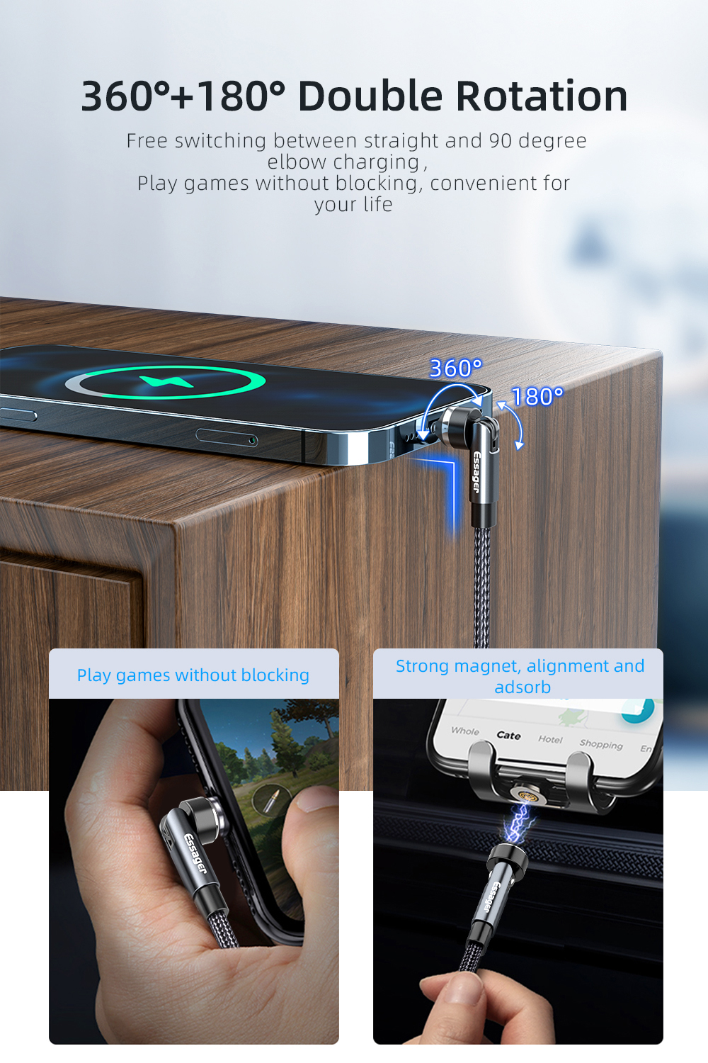 540 Rotation L 3 In 1 Magnetic USB Charging Cable 8 Pin Fast Charging For Data Transfer