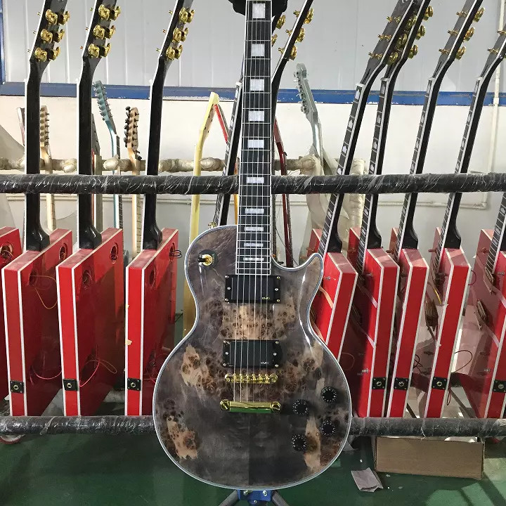 Custom GB Style Les Paul LP Electric Guitar Gray Burl Maple Top Gold Hardware