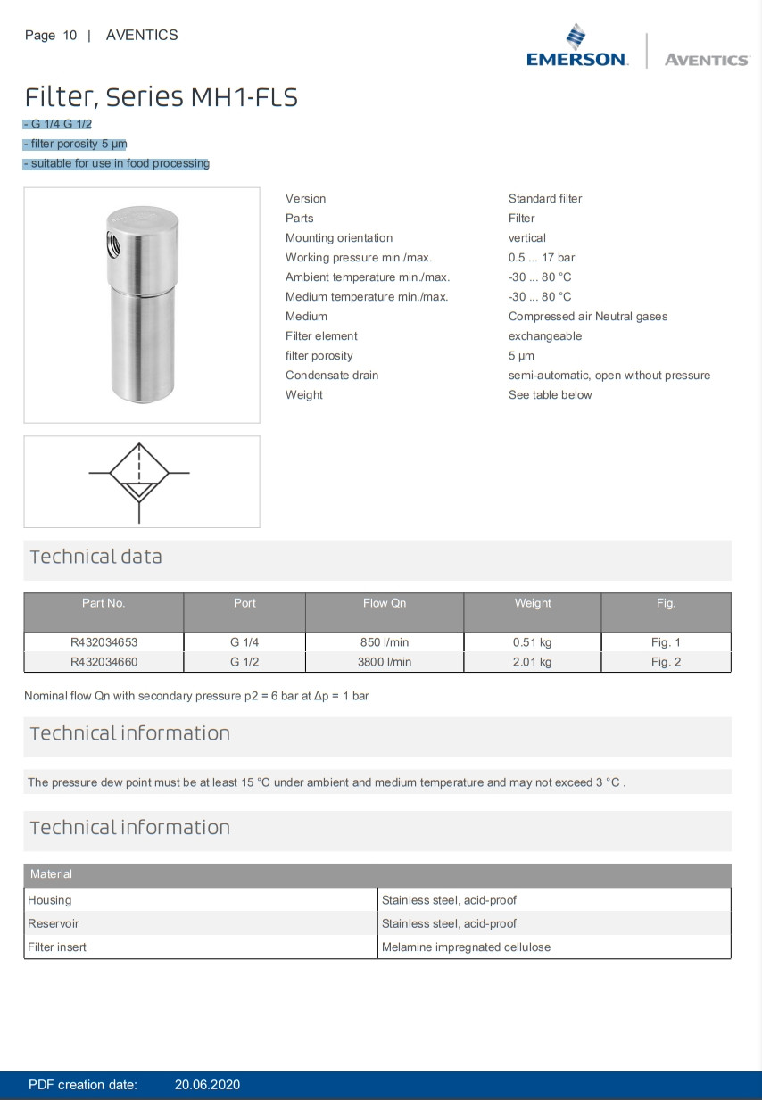 AVENTICS Microfilter Series MH1–FLC–R432034654 Filtration Solution Semi Automatic