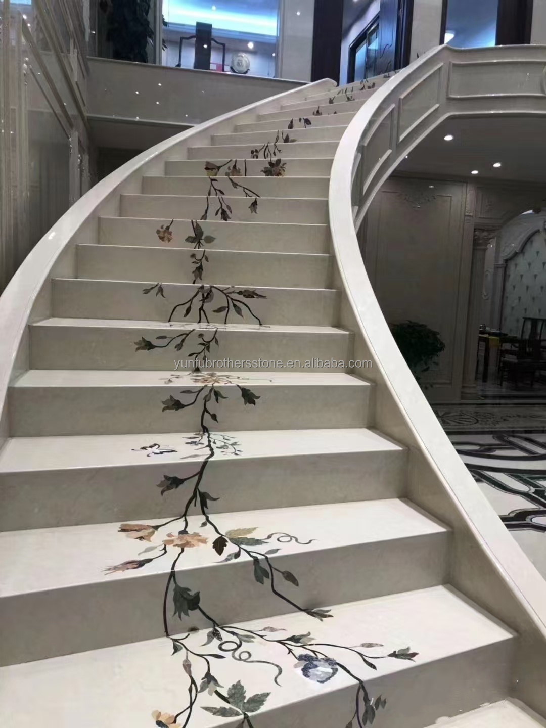 Modern Anti-Slip Beige Marble Waterjet Steps and Treads for Villas Spiral Staircase