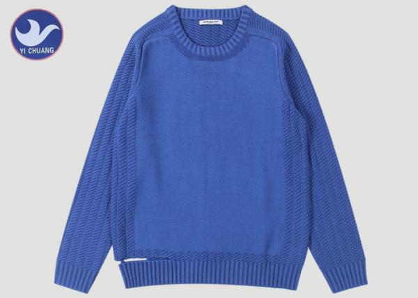 Upper Welt Slit Mens Wool Cable Knit Jumper , Winter Mens Blue Cable Knit