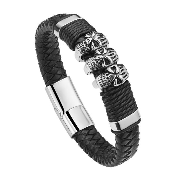 Customization fashion jewelry black leather bracelet magnetic stainless steel