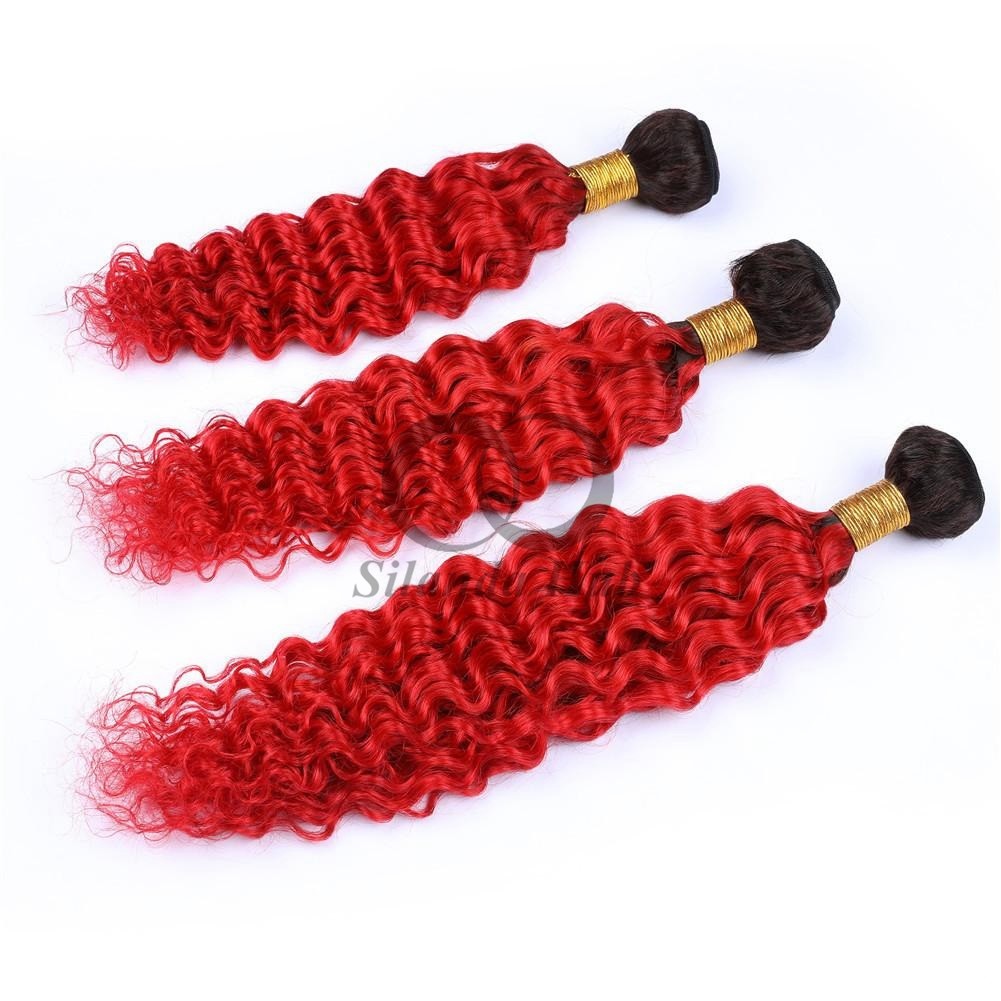 #T1B/Red Deep Wave Remy Human Hair Bundles Sew In Weave Bundles Brazilian Bundle Deals