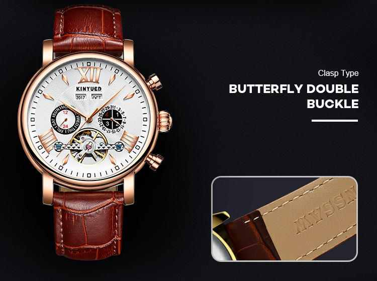 KINYUED J017-1 White Dial Gold Case Leather Strap Complete Calendar Skeleton Automatic Mechanical relojes Watch