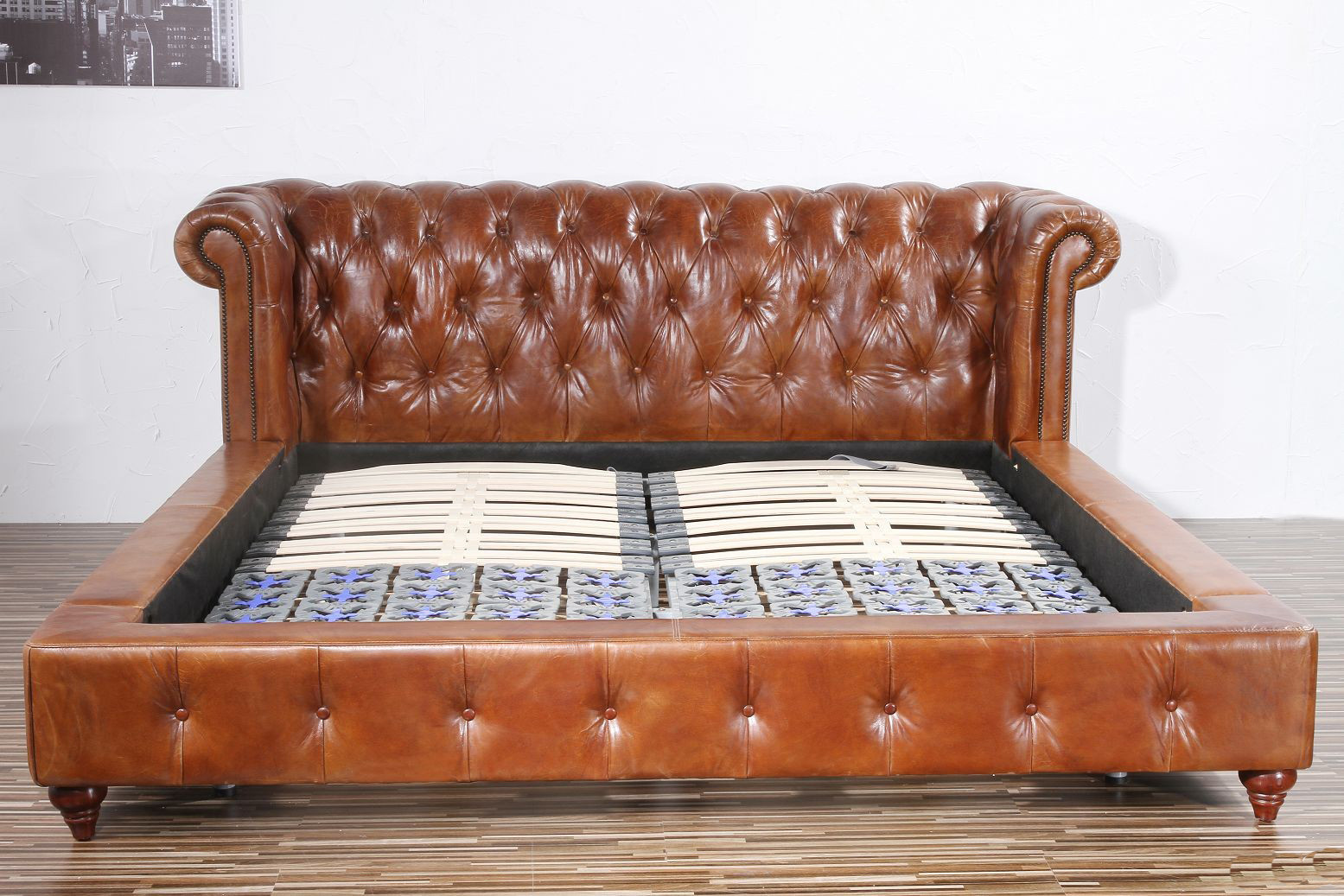 Retro Leather Bed Brown Genuine Leather Beds L253cm