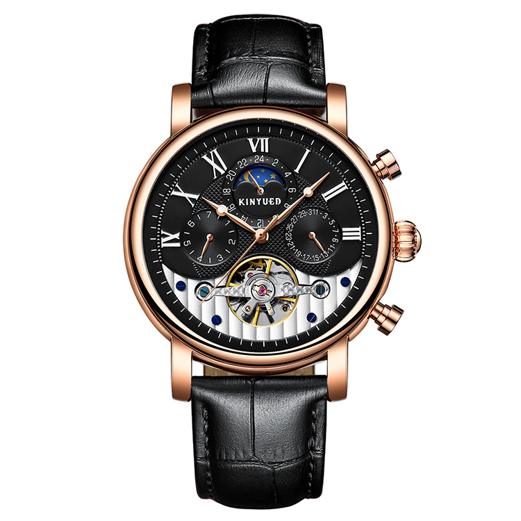 KINYUED leather tourbillion watch mechanical mens moon phase automatic mechanical watch