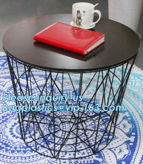 Wooden top metal wire coffee table design, customized design size wire coffee side tables, Black iron base and transpare