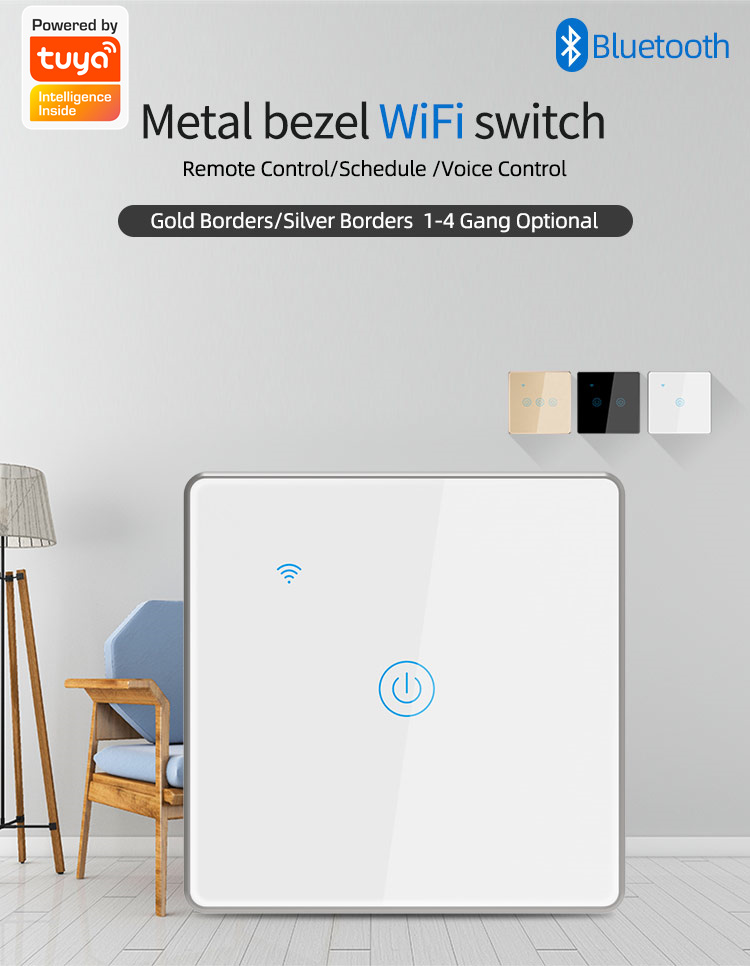 EU/US Standard Metal Bezel 4 Gang Household Switch Remote Smart Wall Light Switch Timer&Voice Control Support