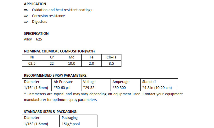 Thermal Spray Nickel Based Alloy Wire Inconel 625 Grade Corrosion Resistance