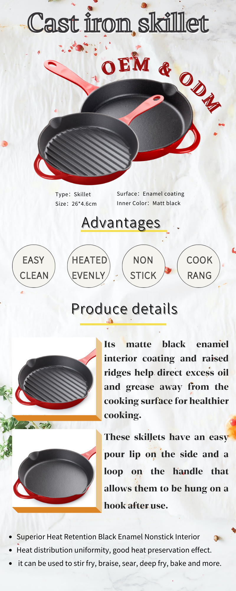 OEM Round Enameled Coated Cast Iron Skillet Withstand High Temperatures
