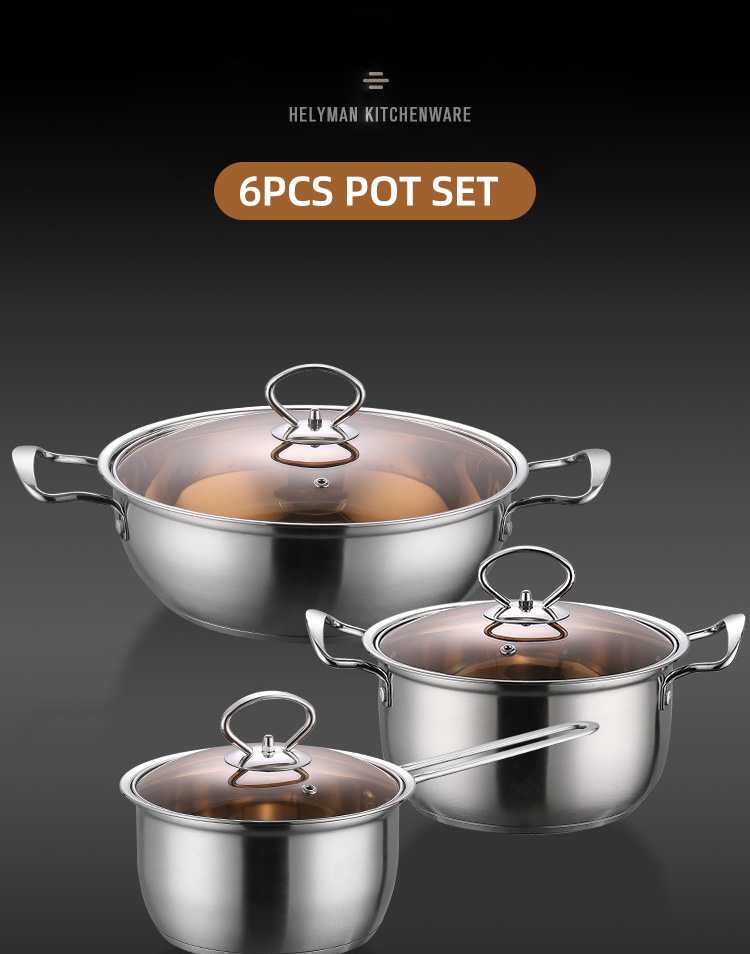 Amazon Top Seller Multipurpose 6Pcs Flat Bottom Milk Soup Pot Stainless Steel Cookware Sets With Glass Lid