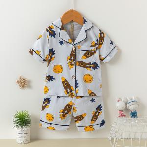 Quality Home Cotton Short Sleeve Button Up Pjs Lapel Soft Pyjama Set Rocket Planet 5% Spandex wholesale