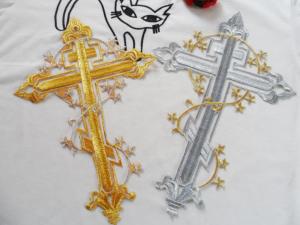 Quality Hot Fix Motif Sliver Gold Embroidery Applique as Cross Picture wholesale
