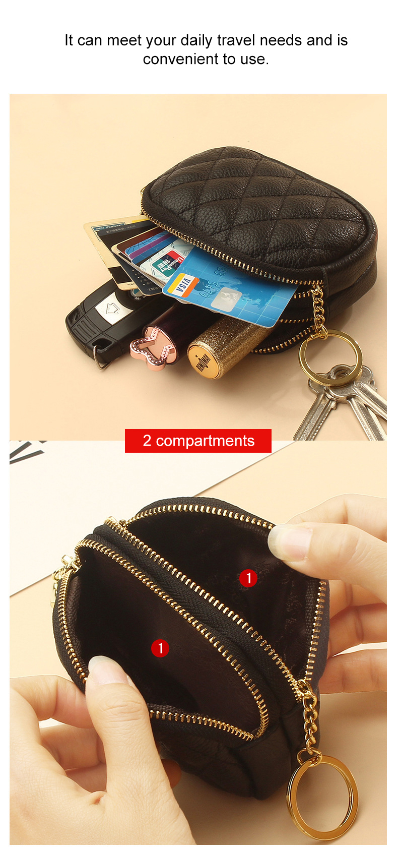 Double Zipper Large Capacity Keychain Pouch for Women Made of Genuine Cowhide Leather