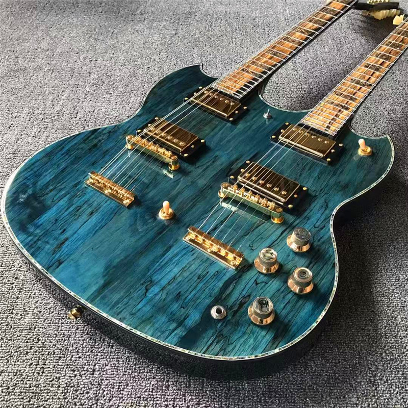 Top brand two head blue electric guitar with double neck and shell inlays