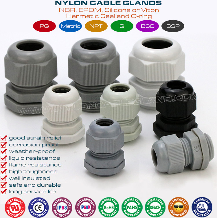 Waterproof PG Cable Glands, Nylon Polyamide, PG7-PG48, IP68 & IP69K, Grey RAL7035 / RAL7001 / RAL7005