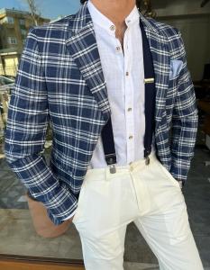 Quality 65% Viscose 32% Pes 3% Elastane Male Suit Jacket Dark Blue Plaid Blazer wholesale