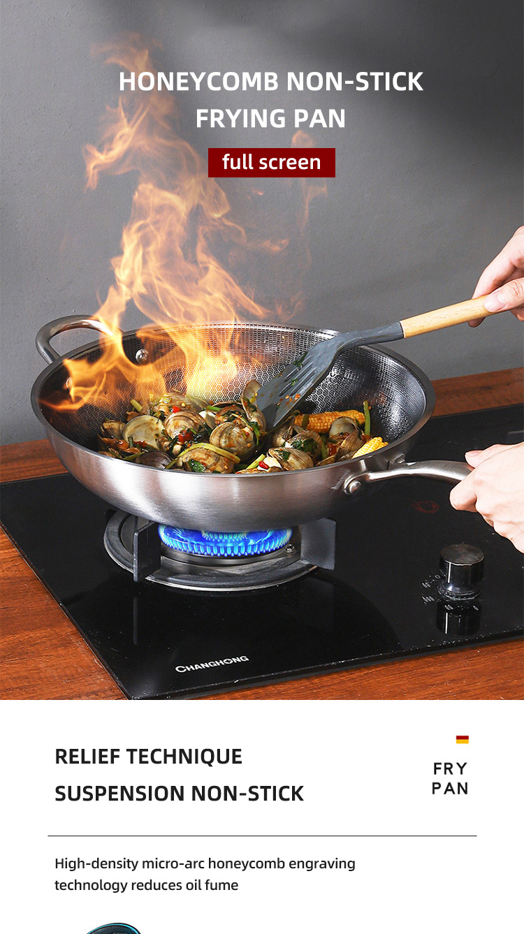 Direct Selling Kitchen 32cm 34cm Stainless Steel Honeycomb Fry Pan Non-stick Frying Pan
