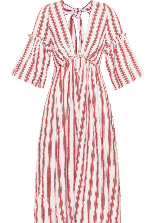 Women deep v neck stripe linen dress and unbacked