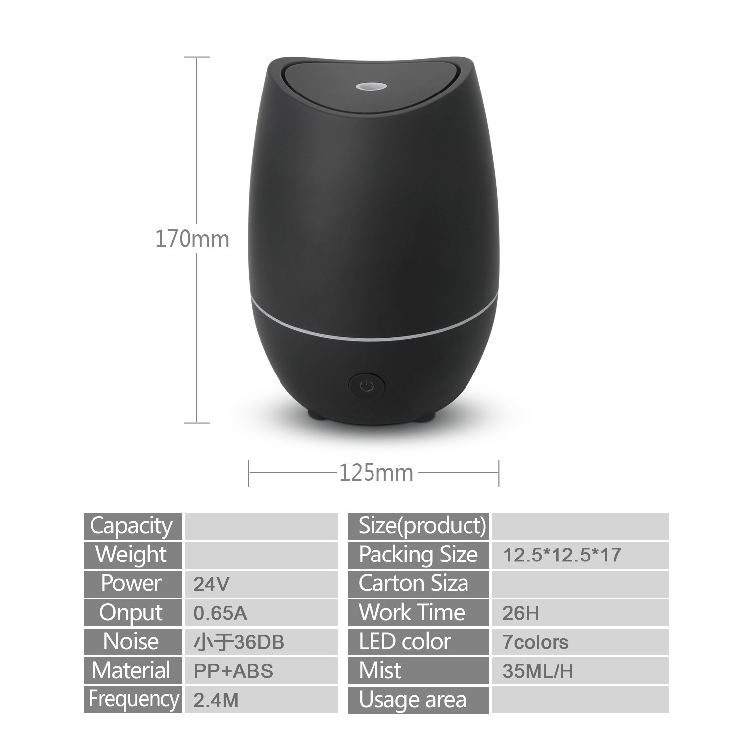 350ML Ultrasonic Aroma Diffuser Home Use Black Diffuser With 7 Color Lights