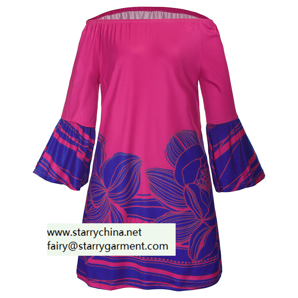 plus size rose printed ladies' short dress with off-shoulder bold color for women