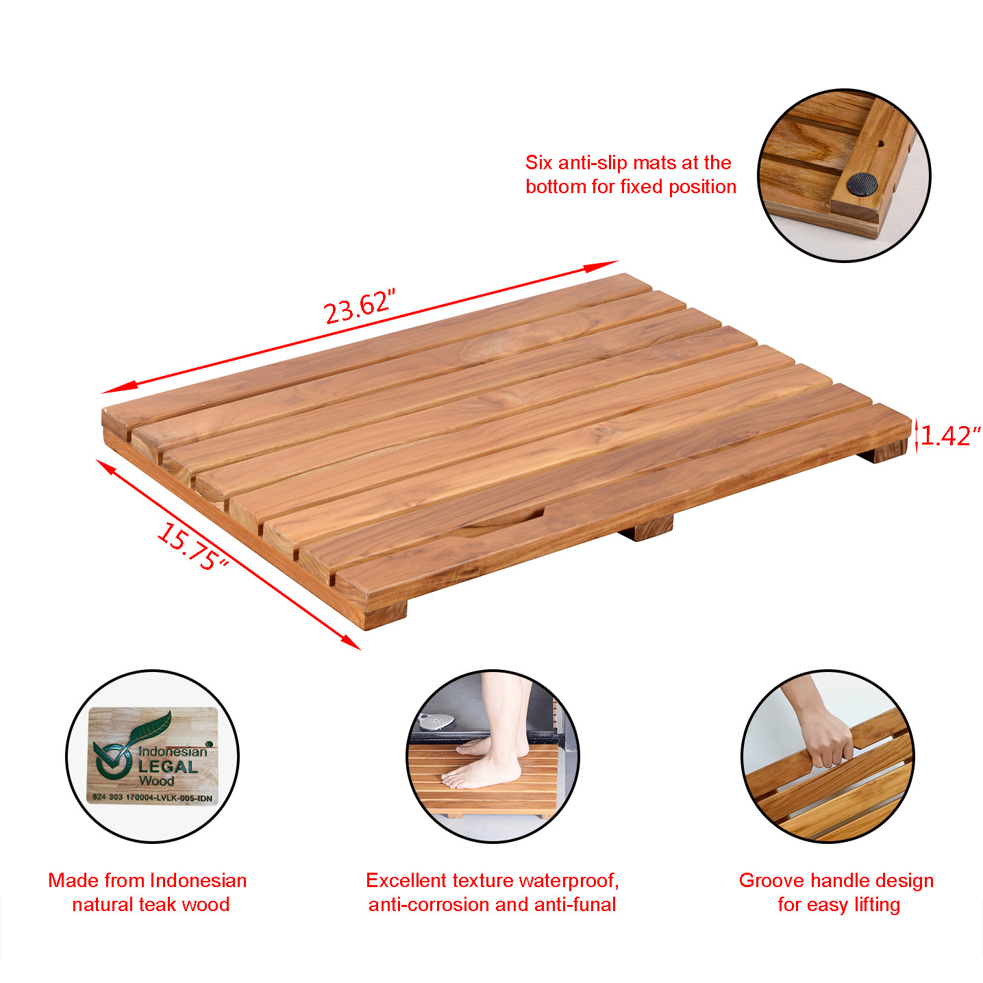 Sustainable Solid Teak Shower Mat Non Slip Bath Mat For Bathroom