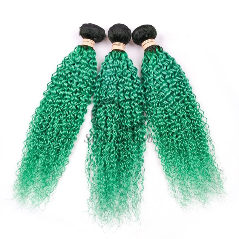 #T1B/Green Kinky Curly Remy Human Hair Bundles Sew In Weave Bundles Brazilian Bundle Deals
