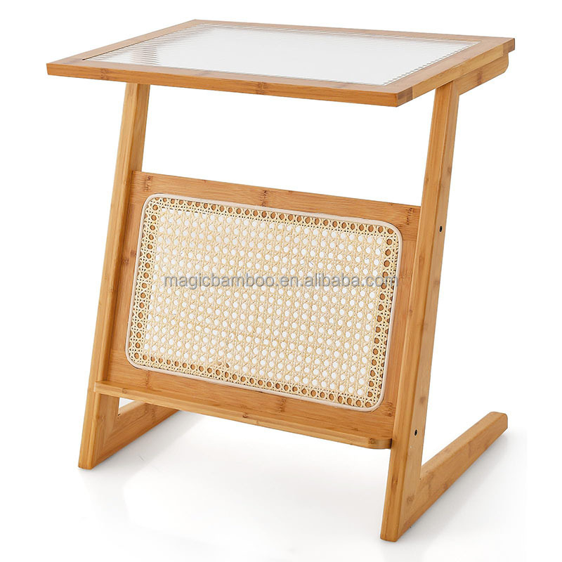 Natural Color Z-Shaped Bamboo And Rattan End Table With Glass Top And Magazine Rack