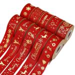Gold Foil Printed Christmas Ribbon Red Personalised Christmas Ribbon
