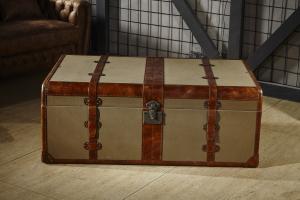 Quality Retro Canvas Lifted Cover Leather Steamer Trunk Coffee Table Copper Nails Decoration wholesale