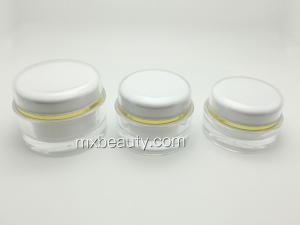 Quality high quality classic PMMA/acrylic cream jar white UV coating with hot stamping gold ring plastic cosmetic cream jar wholesale