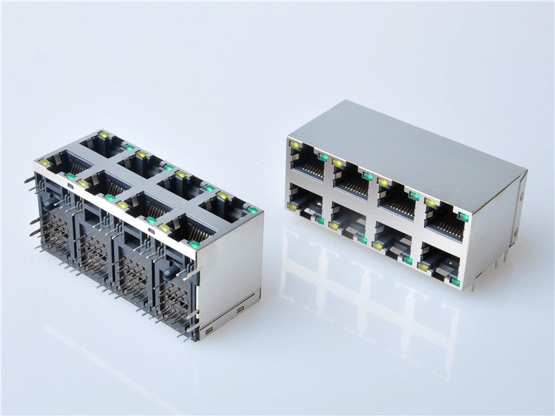Shielded RJ45 Modular Jack Connector, Through Hole Type, Side Entry, with LED, 2x4 Ports