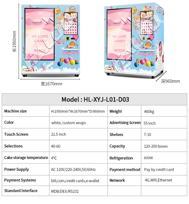Lift System Refrigerator Automatic Cupcake Vending Machine Salad Fresh Food Vending Machine With 21.5inch Touch Screen